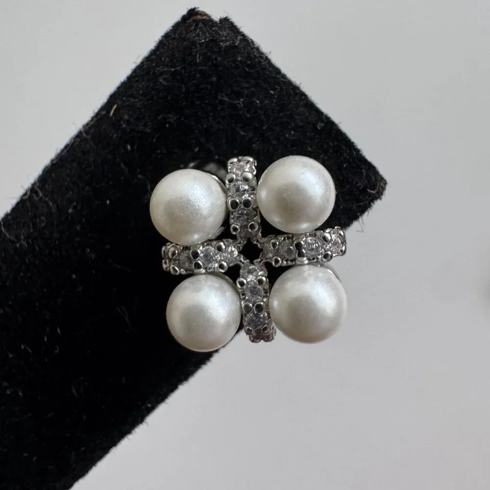 925 Sterling Silver Pearl & CZ Cluster Stud Earrings - Picture 3 of 6